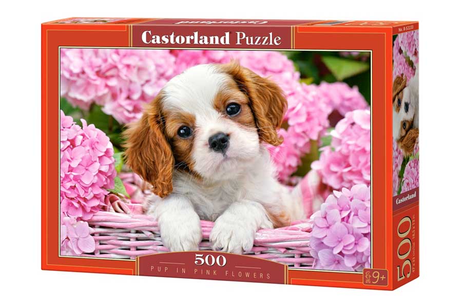 Castorland Puslespil – Hundehvalp blandt Rosa Blomster 500 Brikker
